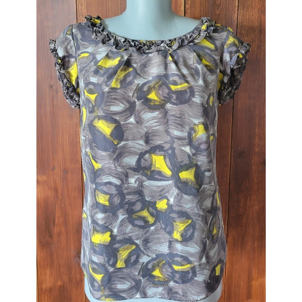 Boden Limited Ed 4 Silk Blouse Gray Abstract Yellow Limited Edition Lined Iconic